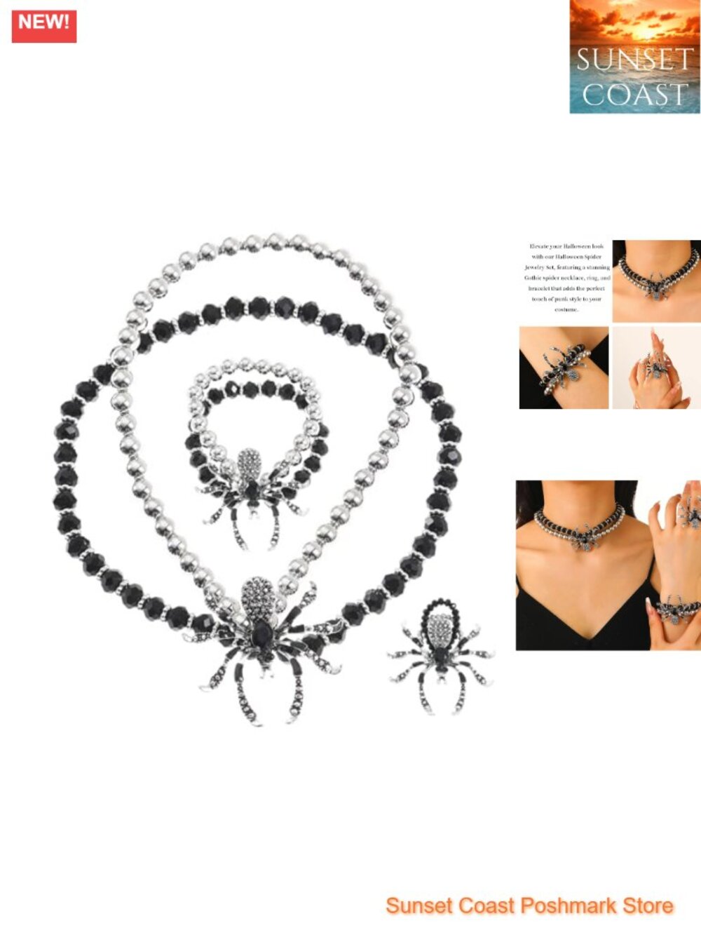 Gothic Spider Necklace Ring Bracelet Set Halloween Costume Jewelry Women